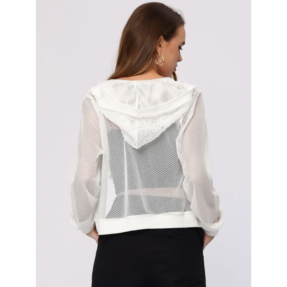 Hoodie Jacket Zip Up Long Sleeve Mesh Sheer Bomber Jackets White - Picture 3 of 6